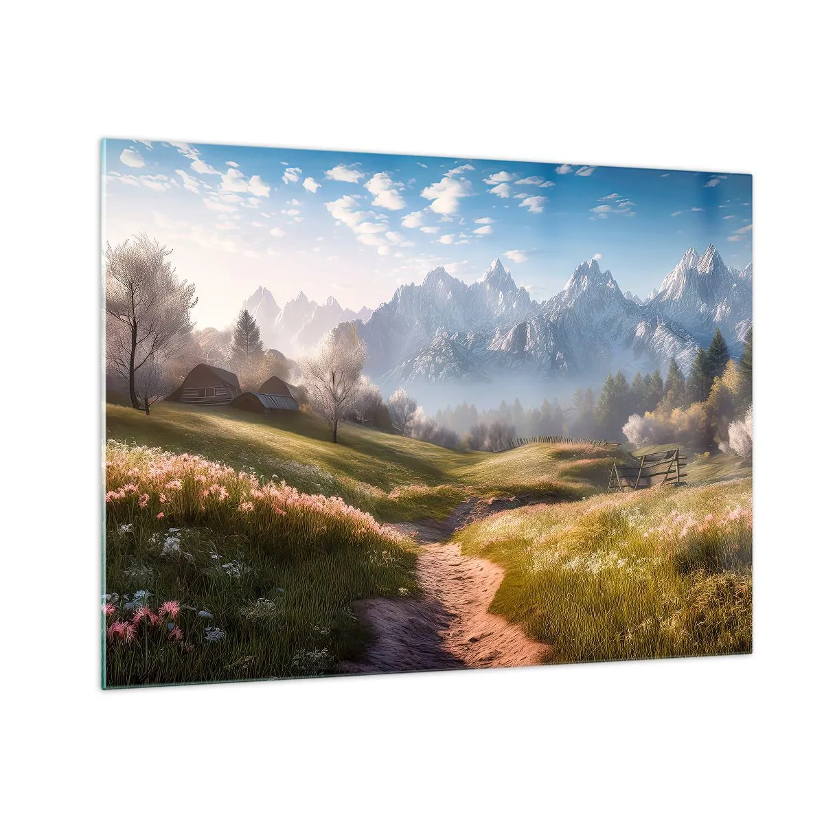 Schilderen op glas - Lentelandschap met een vallei, bloemen en bergen op de achtergrond in de ochtend - 70x50cm - Idyllische vallei - Moderne wanddecoratie voor woonkamer en slaapkamer ARTTOR
