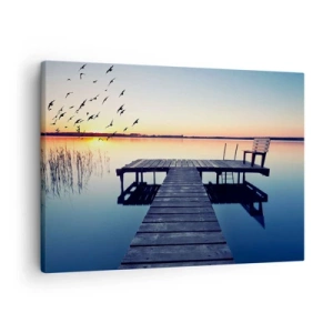 Schilderen op canvas - Houten pier op een meer bij zonsopgang met vogels - 70x50cm - Dat was een goede dag - Moderne wanddecoratie voor woonkamer en slaapkamer ARTTOR