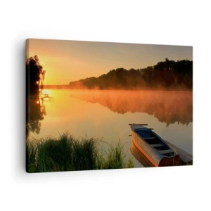 Schilderen op canvas - Ochtendmist boven de rivier met een boot in de zonnestralen - 70x50cm - Zonsopgang boven het water als een spiegel - Moderne wanddecoratie voor woonkamer en slaapkamer ARTTOR