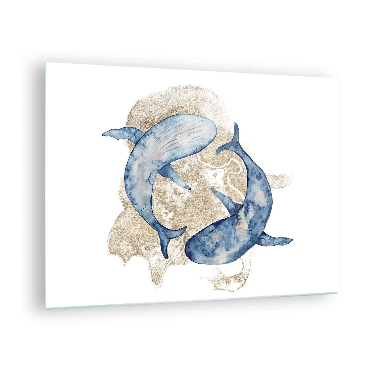 Schilderen op glas - Twee blauwe vinvissen tegen een achtergrond van abstracte gouden vlekken - 70x50cm - Vriendschap of liefde? - Moderne wanddecoratie voor woonkamer en slaapkamer ARTTOR