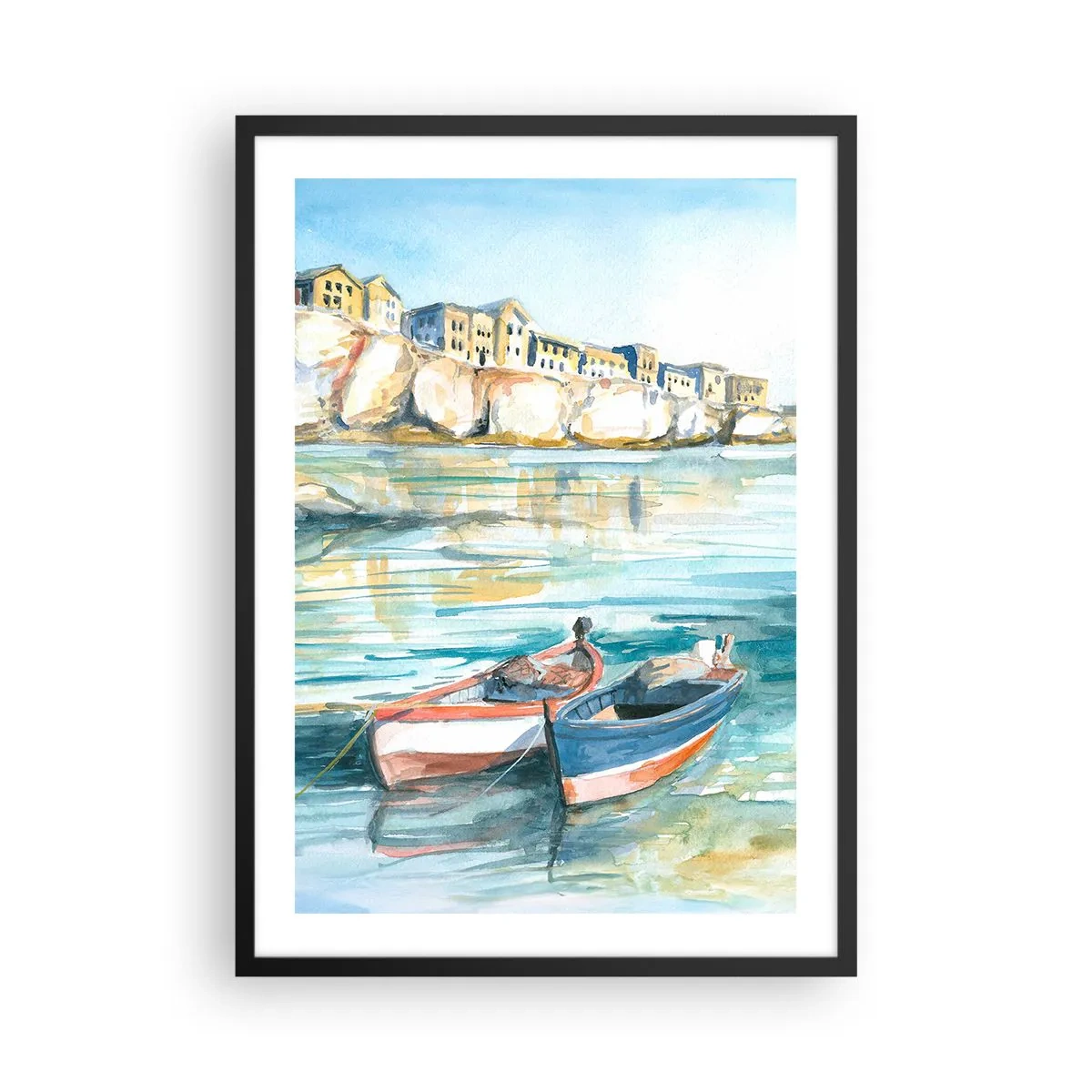 Poster in een zwarte lijst - Aquarellandschap met boten op het water en een kustplaatsje - 50x70cm - Azuurblauw landschap - Moderne wanddecoratie voor woonkamer en slaapkamer ARTTOR