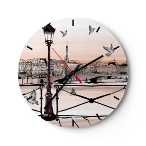 Wandklok - Klok - Een lantaarn, duiven en het panorama van Parijs bij zonsondergang - 30x30cm - Over de daken van Parijs - Moderne wanddecoratie voor woonkamer, keuken en slaapkamer ARTTOR