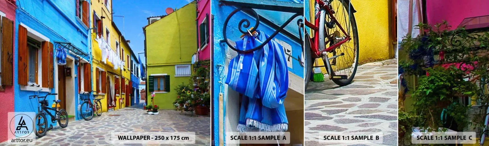 Fotobehang Monster Zelfklevend Deluxe Sticker - Pastel, zoet steegje - Stad, Fietsen, Steeg - 100x30 cm