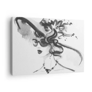 Schilderen op canvas - Elegante vrouw met hoed in zwart-wit stijl - 70x50cm - Een dame met karakter - Moderne wanddecoratie voor woonkamer en slaapkamer ARTTOR