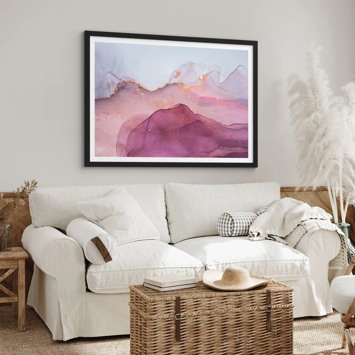 Poster in een zwarte lijst - Lila en paarse golven - 100x70 cm