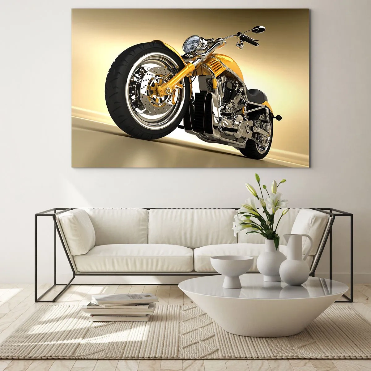 Schilderen op glas - Een gouden custom motorfiets tegen een lichte achtergrond - 70x50cm - Een droom van kracht en snelheid - Moderne wanddecoratie voor woonkamer en slaapkamer ARTTOR