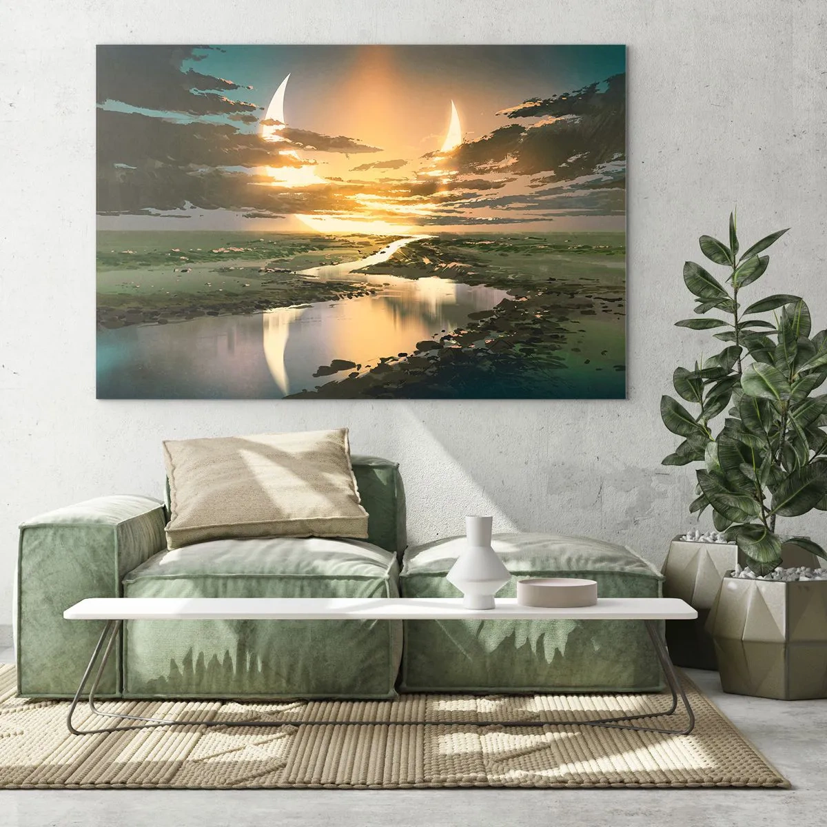 Schilderen op glas - Een fantastisch landschap met een dubbele maan boven de rivier - 70x50cm - Ergens in een sterrenstelsel ver, ver weg - Moderne wanddecoratie voor woonkamer en slaapkamer ARTTOR
