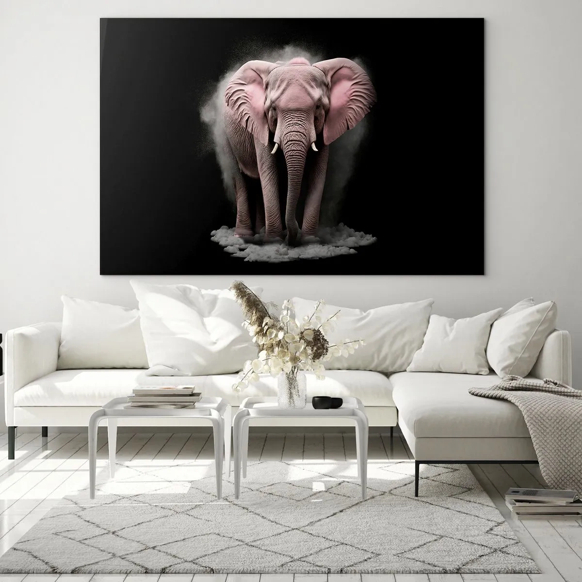 Schilderen op glas - Een roze olifant op een zwarte achtergrond, omgeven door een stofwolk. - 70x50cm - Denk niet aan een roze olifant! - Moderne wanddecoratie voor woonkamer en slaapkamer ARTTOR