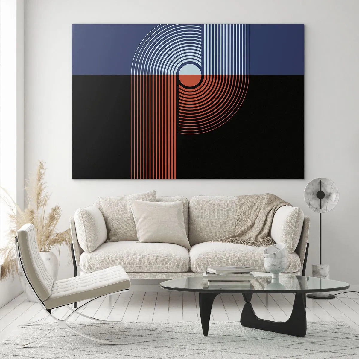 Schilderen op glas - Moderne geometrische afbeeldingen in contrasterende kleuren - 70x50cm - In een geometrische omhelzing - Moderne wanddecoratie voor woonkamer en slaapkamer ARTTOR