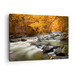 Schilderen op canvas - Een beek in een herfstbos omgeven door gouden bladeren - 70x50cm - Een stroom in een gouden bos - Moderne wanddecoratie voor woonkamer en slaapkamer ARTTOR