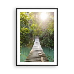Poster in een zwarte lijst - Houten brug in een tropisch bos met zonnestralen - 50x70cm - Over het azuurblauwe water naar het azuurblauwe woud - Moderne wanddecoratie voor woonkamer en slaapkamer ARTTOR