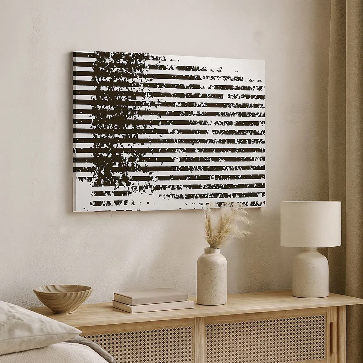 Schilderen op canvas - Abstracte lijnen met een verweerd effect in zwart-wit - 70x50cm - Ritme en ruis - Moderne wanddecoratie voor woonkamer en slaapkamer ARTTOR