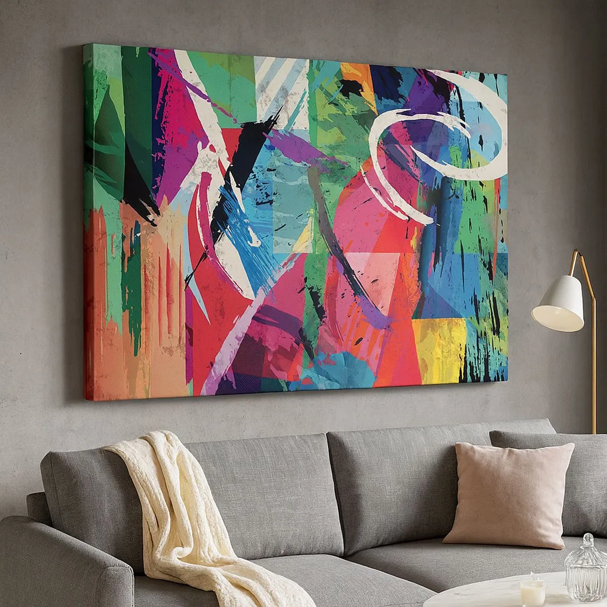 Schilderen op canvas - Kleurrijke abstractie met dynamische penseelstreken - 70x50cm - Snel, levendig en opzwepend - Moderne wanddecoratie voor woonkamer en slaapkamer ARTTOR