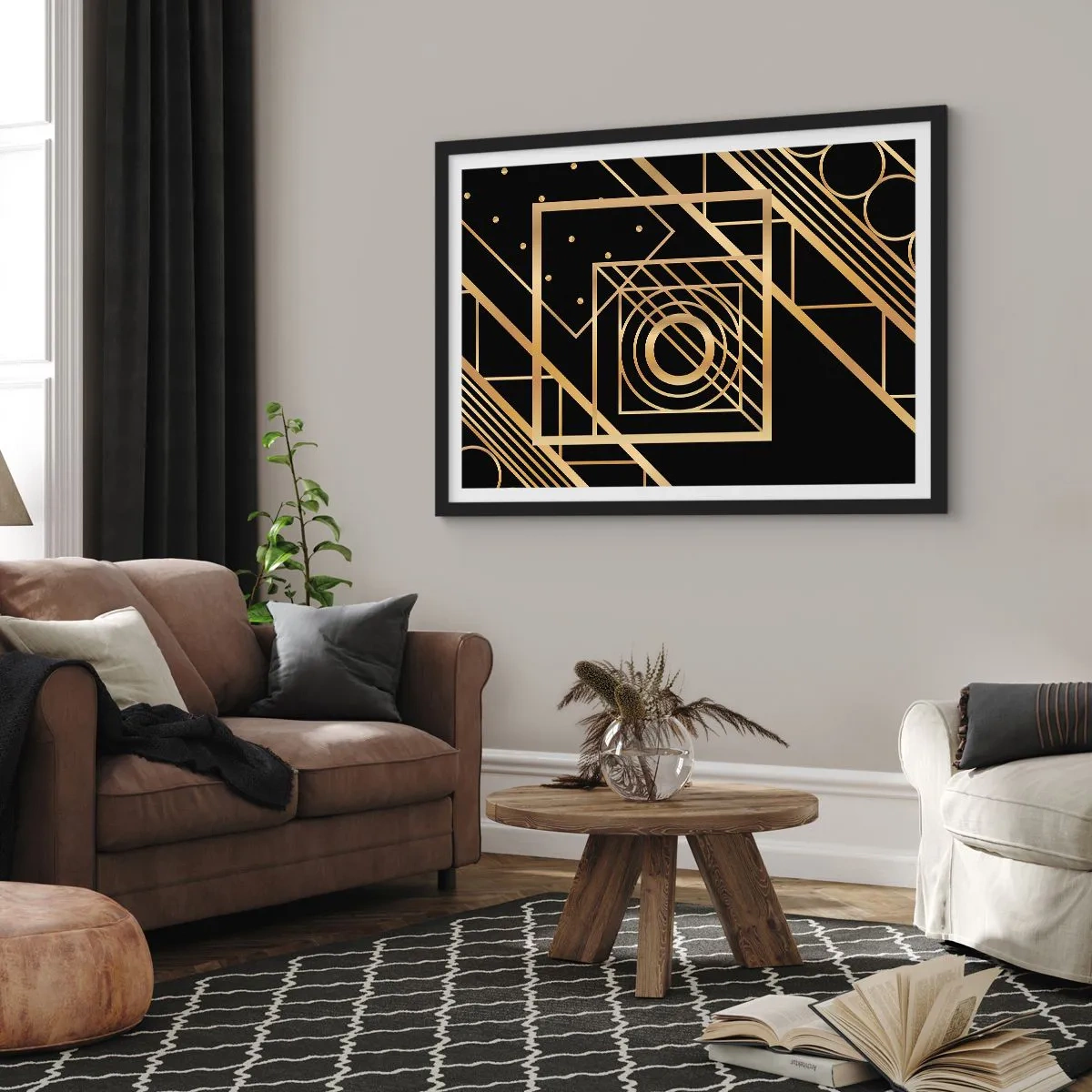 Poster in een zwarte lijst - Gouden geometrie - 40x30 cm