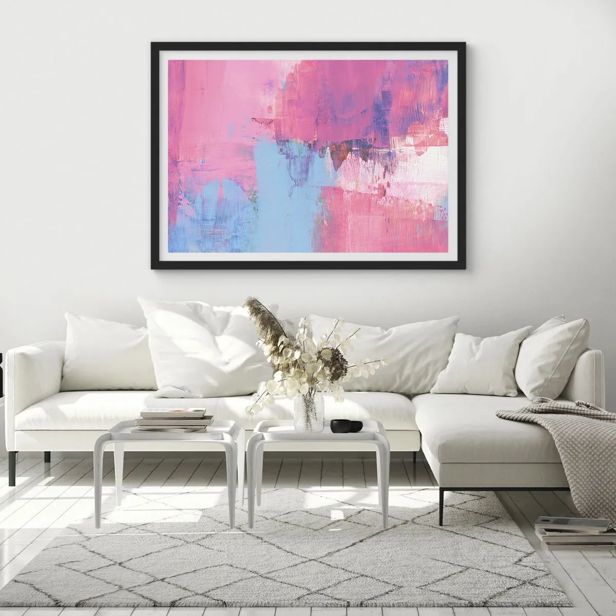 Poster in een zwarte lijst - Roze, blauw en een vleugje licht - 70x50 cm