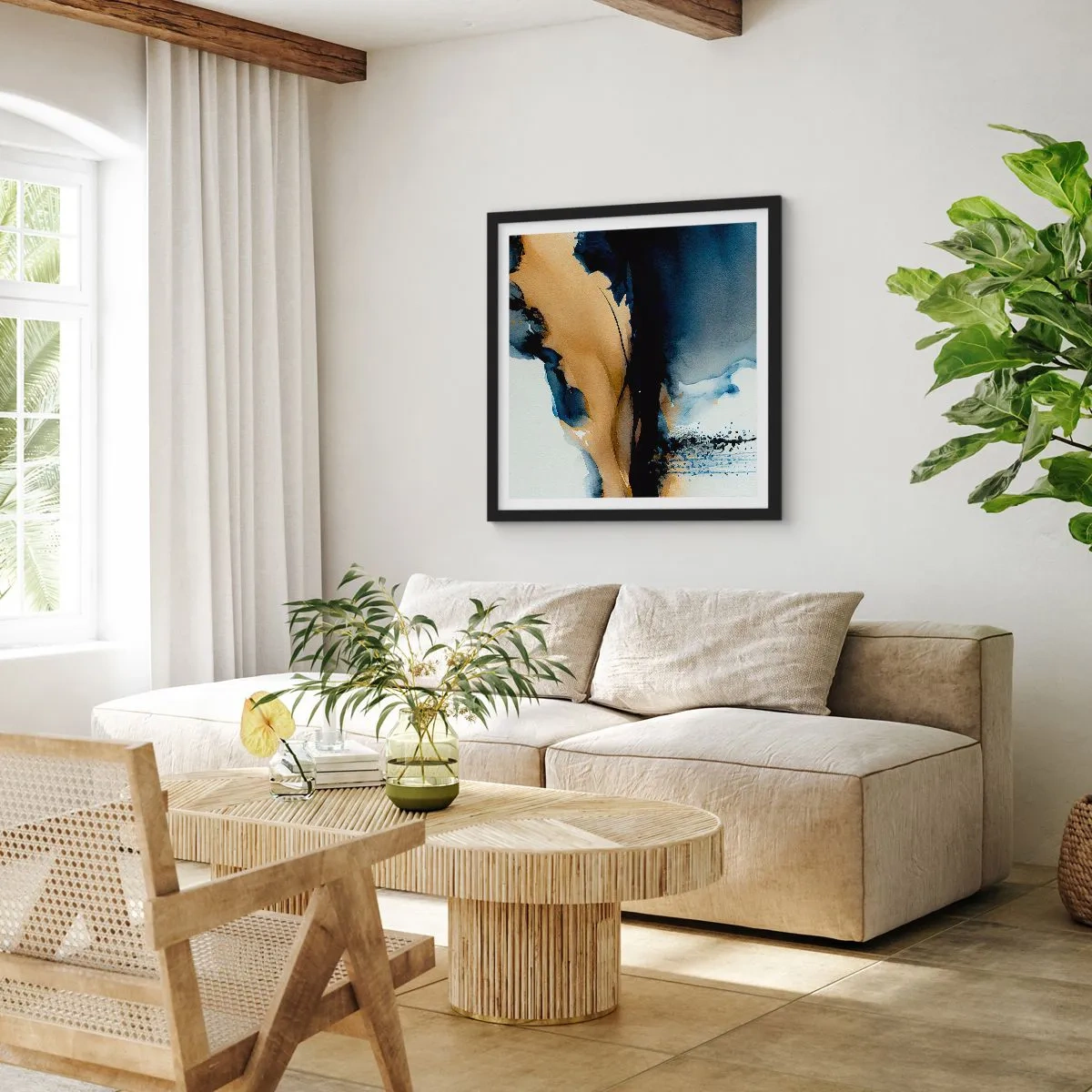 Poster in een zwarte lijst - Achter het gordijn - 40x40 cm
