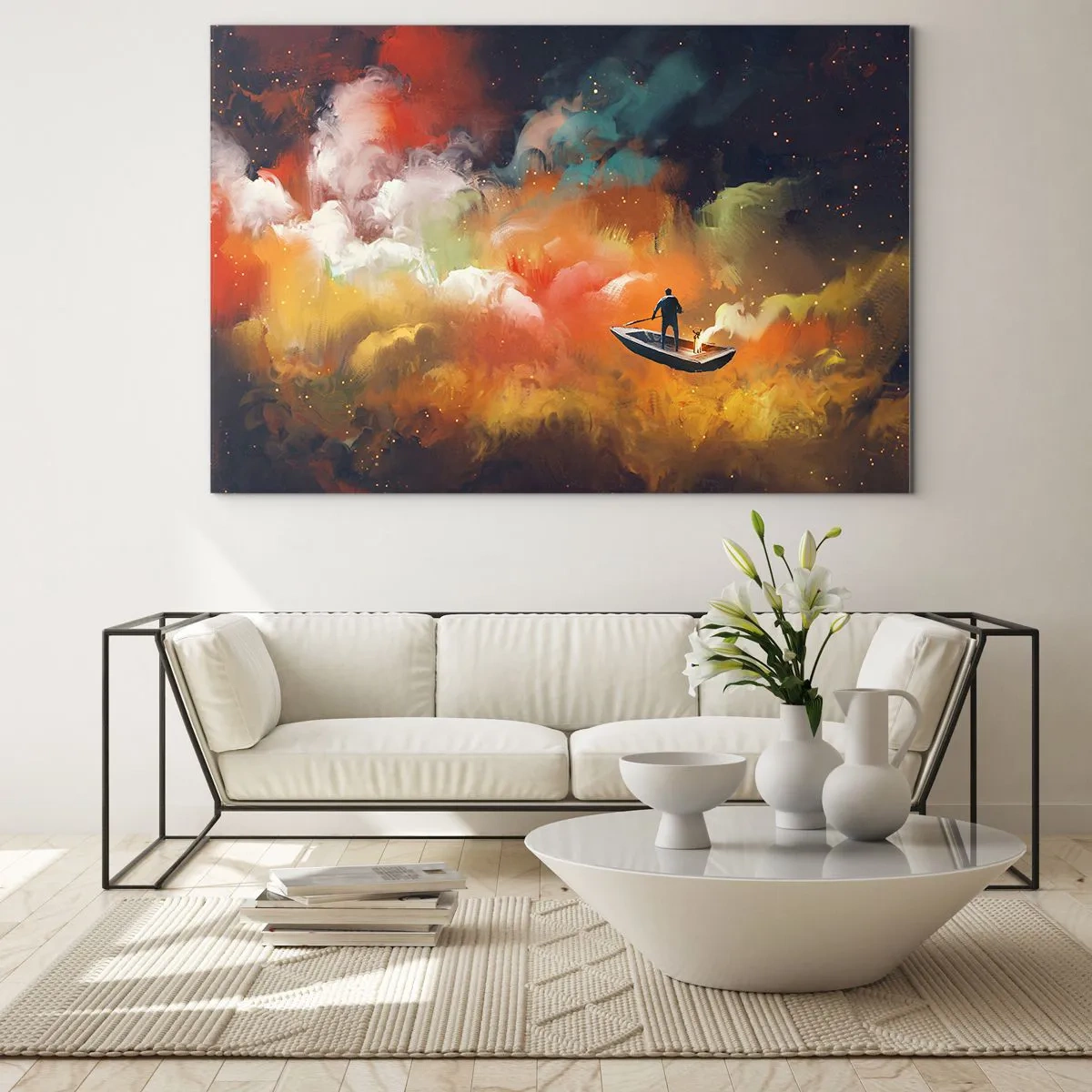 Schilderen op glas - Een figuur op een boot die drijft tussen kleurrijke galactische wolken - 70x50cm - Met de boot door de sterrenstelsel - Moderne wanddecoratie voor woonkamer en slaapkamer ARTTOR