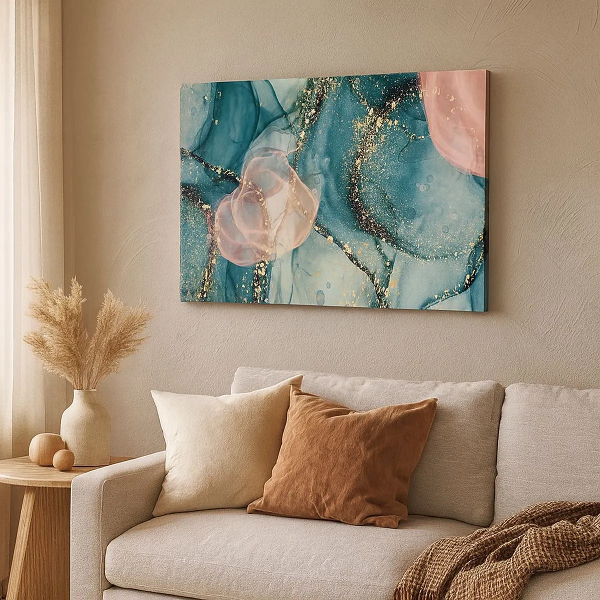 Schilderen op canvas - Een abstracte compositie in tinten turquoise en goud. - 70x50cm - Zijdeblauw, tule roze - Moderne wanddecoratie voor woonkamer en slaapkamer ARTTOR
