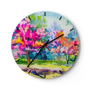 Wandklok - Klok - Aquarellandschap met kleurrijke bomen - 30x30cm - Regenboogtuin in het lentelicht - Moderne wanddecoratie voor woonkamer, keuken en slaapkamer ARTTOR