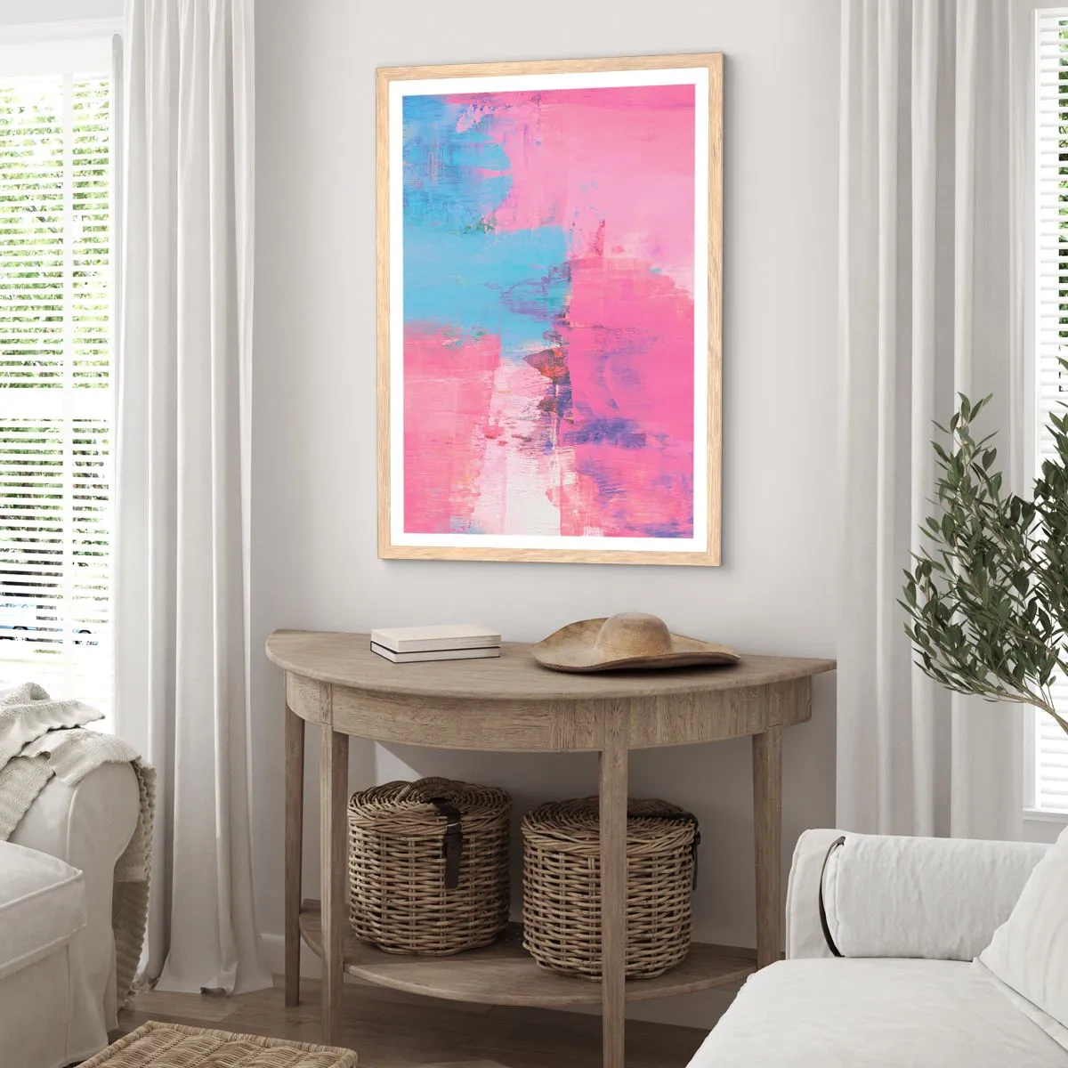 Een poster in een licht eiken lijst - Roze, blauw en een vleugje licht - 50x70 cm