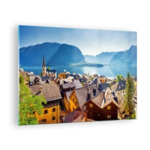 Schilderen op glas - Een pittoresk stadje aan een meer omgeven door bergen - 70x50cm - Het kan niet meer schilderachtiger zijn - Moderne wanddecoratie voor woonkamer en slaapkamer ARTTOR