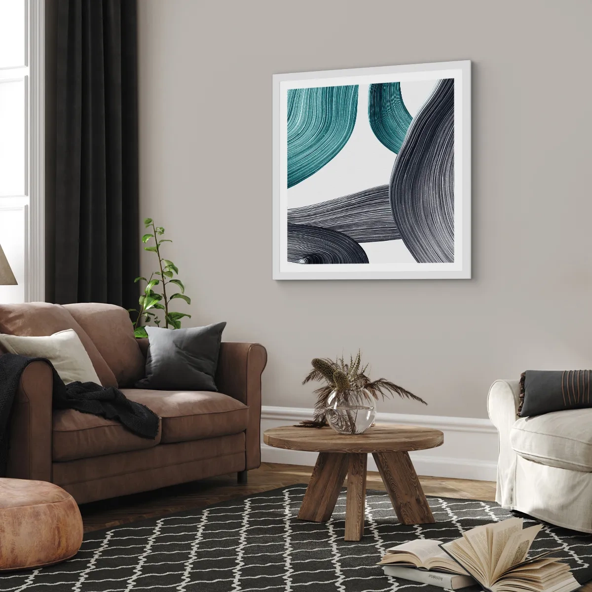 Poster in een witte lijst - Smaragdgroene en zwarte paden - 60x60 cm