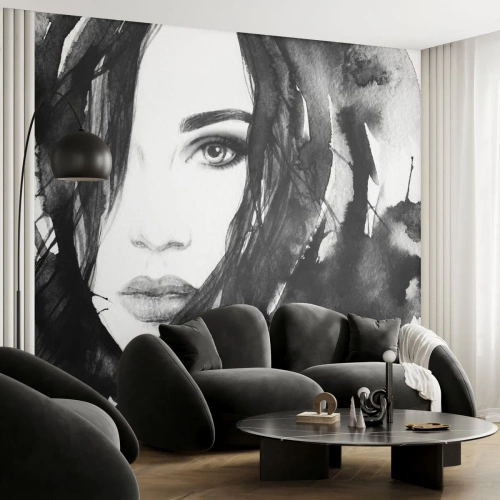 Fotobehang Premium Canvas - Portret van een dame in zwart en wit - Abstractie, Het gezicht van de vrouw, Portret - 150x105 cm