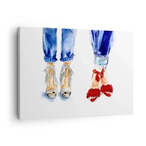 Schilderen op canvas - Illustratie van twee paar schoenen in stijlvolle sandalen en jeans - 70x50cm - Misschien gaan we wandelen? - Moderne wanddecoratie voor woonkamer en slaapkamer ARTTOR