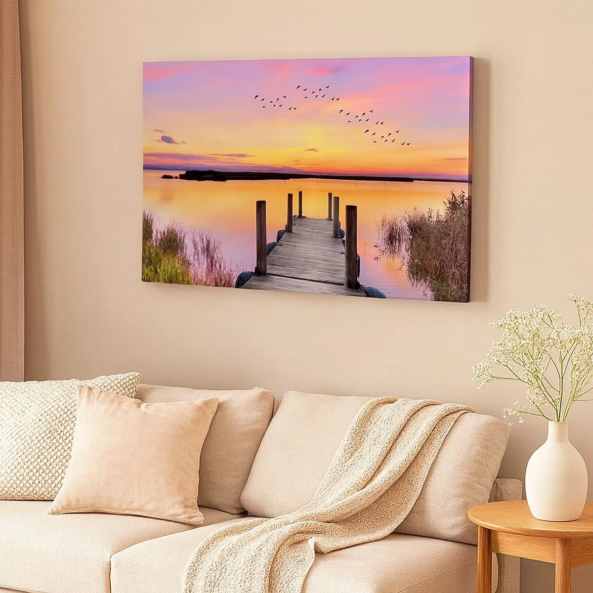 Schilderen op canvas - Een pier op een meer bij zonsondergang met vogels in de lucht - 70x50cm - Violet stille dageraad - Moderne wanddecoratie voor woonkamer en slaapkamer ARTTOR