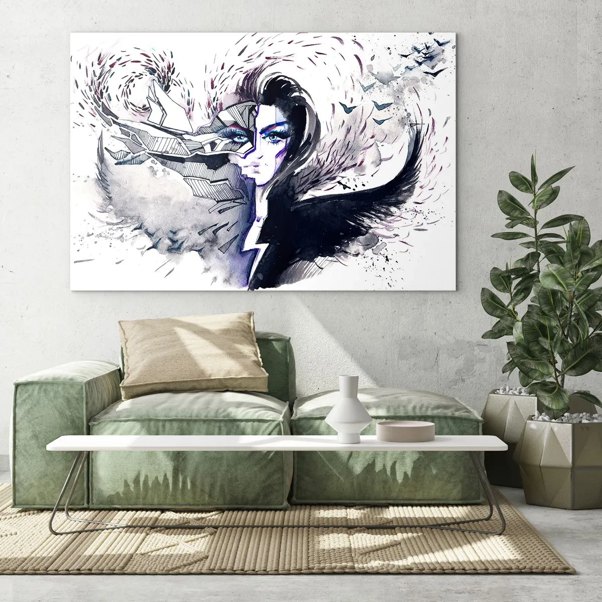 Schilderen op glas - Abstract portret met dynamische elementen en zwart - 70x50cm - Demonisch en mooi - Moderne wanddecoratie voor woonkamer en slaapkamer ARTTOR