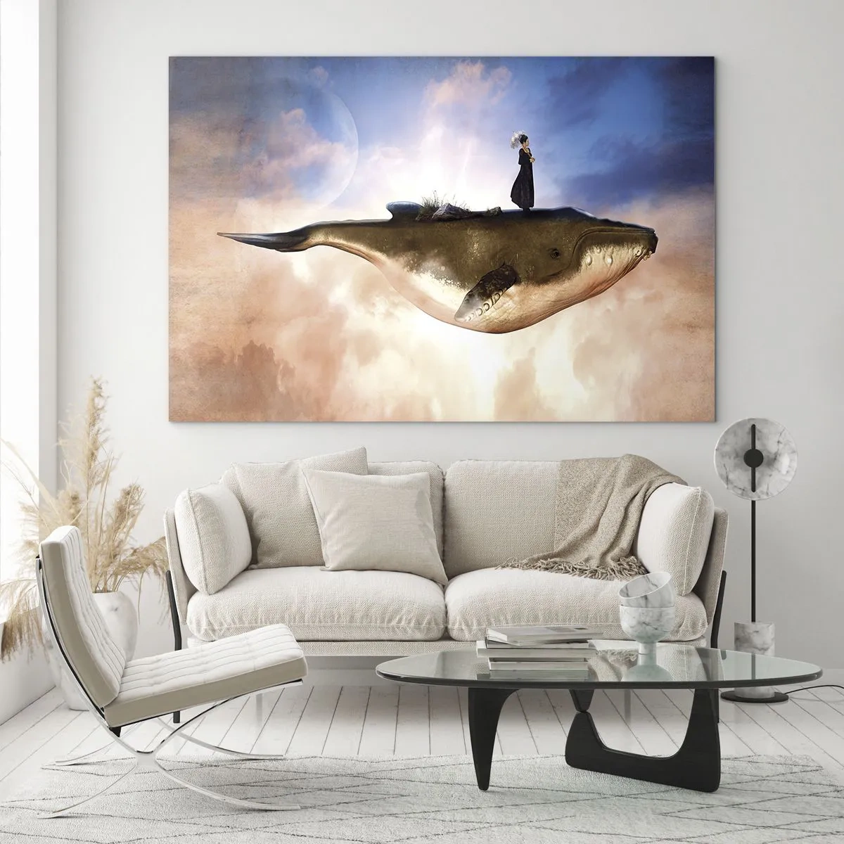 Schilderen op glas - Een fantasiewalvis die in de wolken zweeft met een vrouw op zijn rug. - 70x50cm - Een echte reis - Moderne wanddecoratie voor woonkamer en slaapkamer ARTTOR