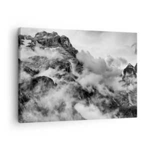 Schilderen op canvas - Zwart-witbeeld van bergen omgeven door wolken - 70x50cm - Mooi en wreed - Moderne wanddecoratie voor woonkamer en slaapkamer ARTTOR