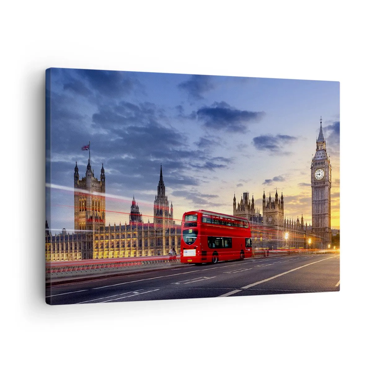 Schilderen op canvas - Een rode bus met Big Ben en het Parlementsgebouw op de achtergrond in de schemering. - 70x50cm - Speciale tekens - Moderne wanddecoratie voor woonkamer en slaapkamer ARTTOR