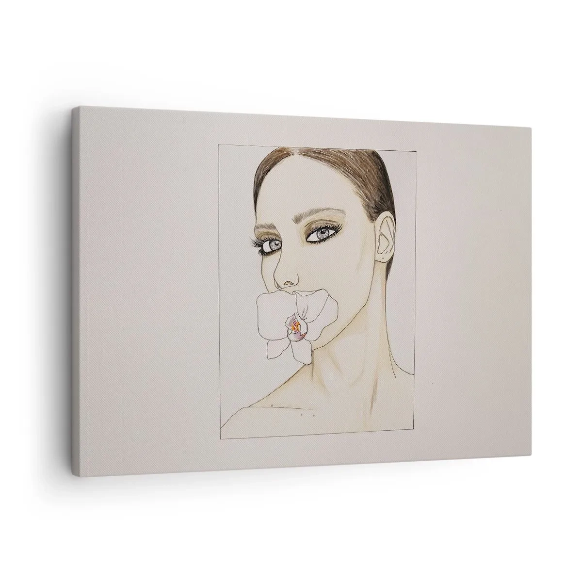 Schilderen op canvas - Portret van een vrouw met een orchidee in delicate kleuren - 70x50cm - Een symbool van elegantie en schoonheid - Moderne wanddecoratie voor woonkamer en slaapkamer ARTTOR
