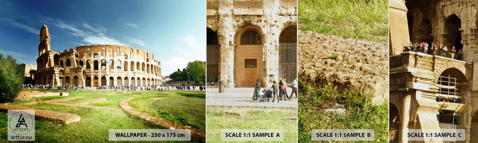 Fotobehang Monster Premium Canvas - We kunnen nog steeds het gekletter van het geweer horen - Colosseum, Rome, Architectuur - 100x30 cm