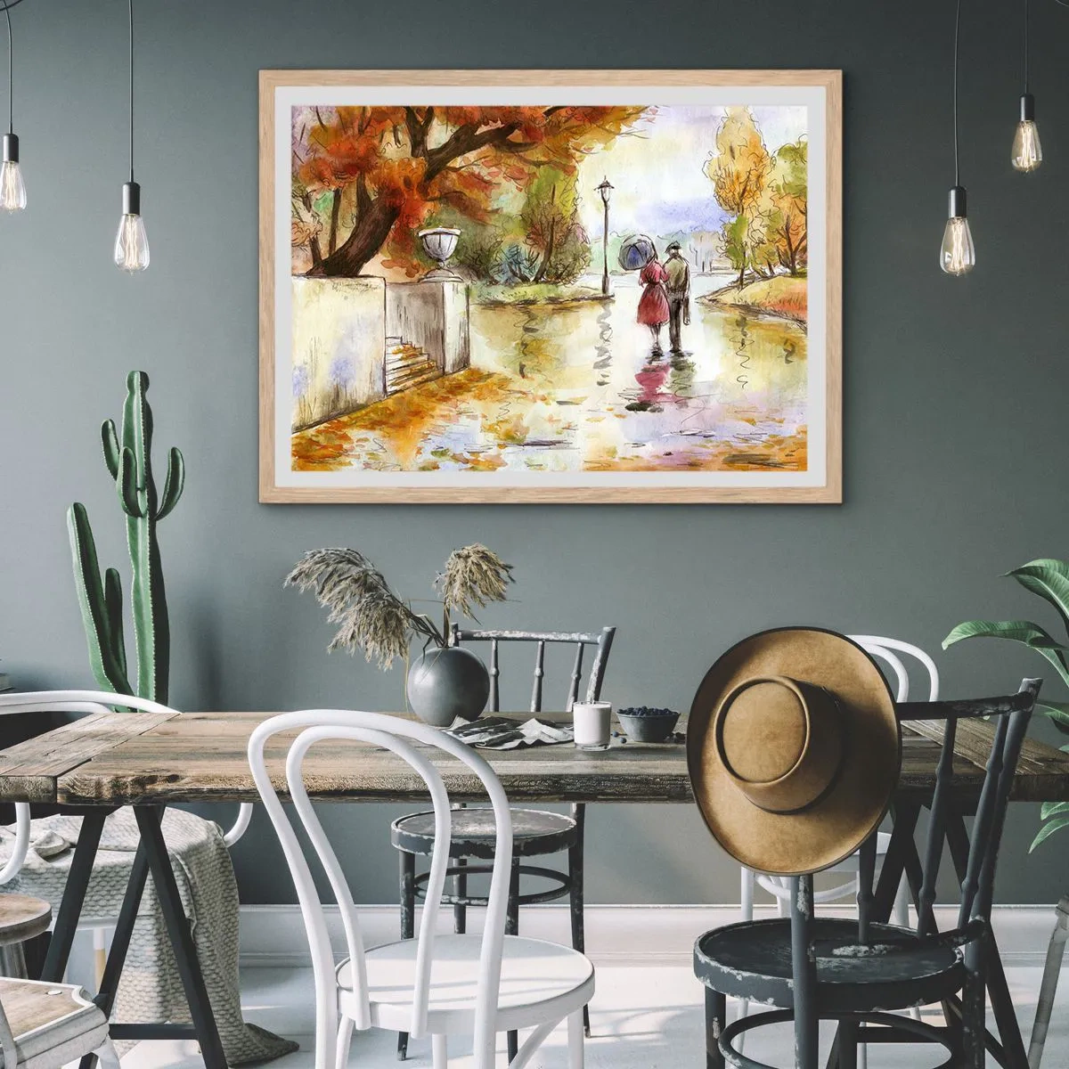 Een poster in een licht eiken lijst - Romantische herfst in het park - 100x70 cm