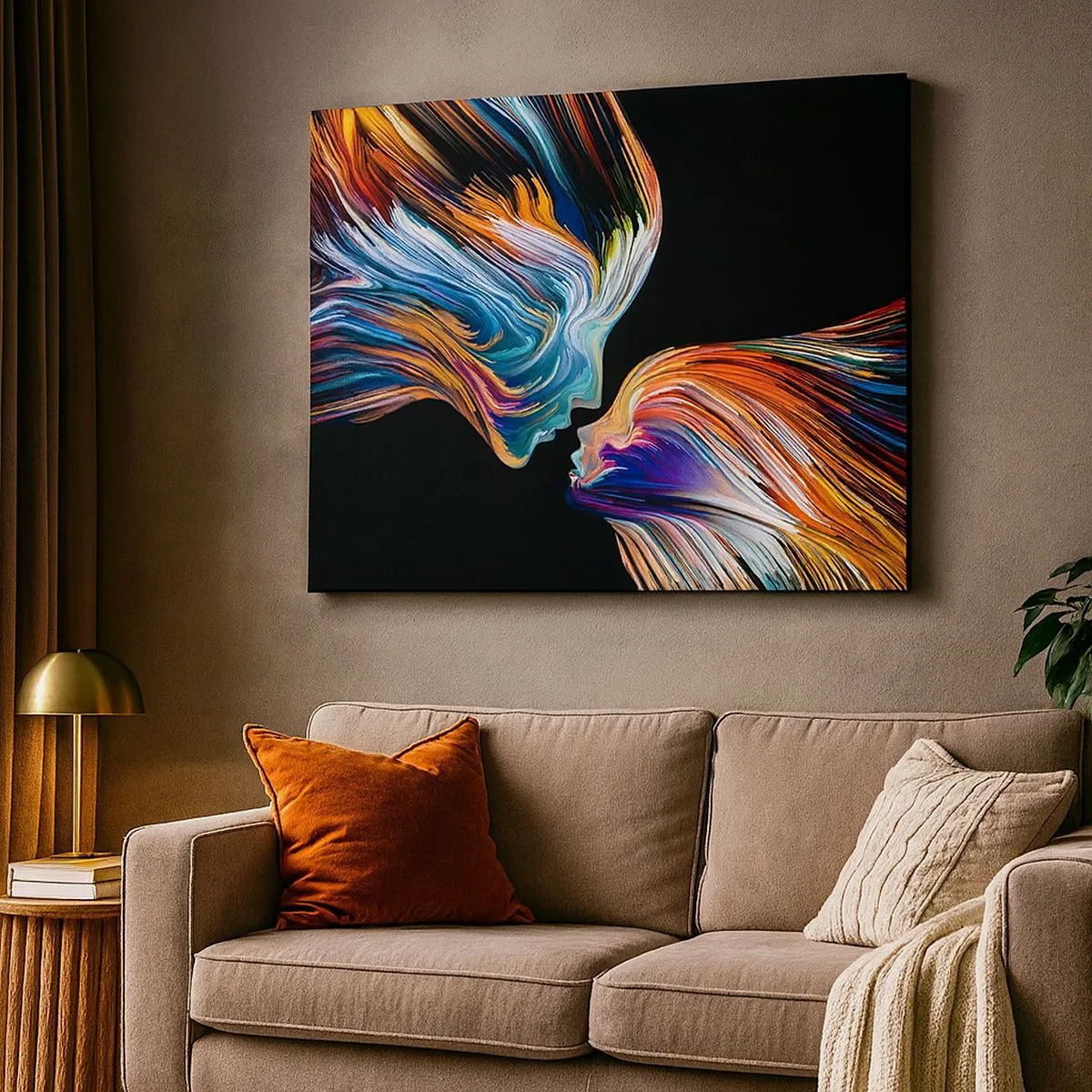 Schilderen op canvas - Kleurrijke silhouetten van gezichten in dynamische stromen op een zwarte achtergrond - 70x50cm - Een samensmelting van energie en licht - Moderne wanddecoratie voor woonkamer en slaapkamer ARTTOR