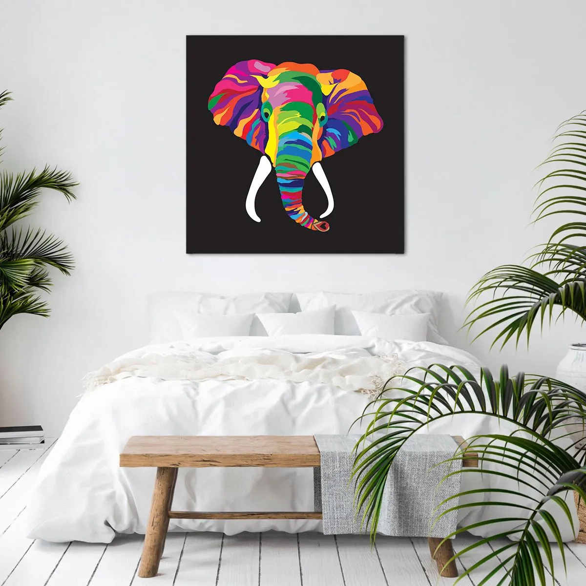 Schilderen op canvas - De olifant die ervan hield om in de regenboog te baden - 60x60 cm