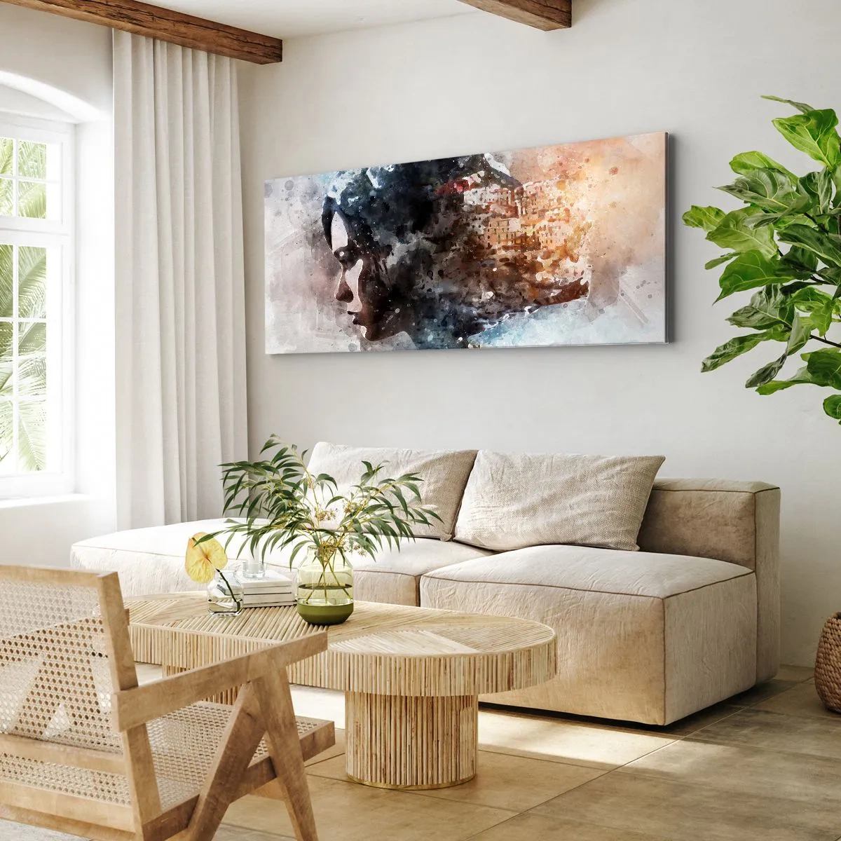 Schilderen op canvas - Een verhaal over een meisje met een stad op de achtergrond - 100x40 cm