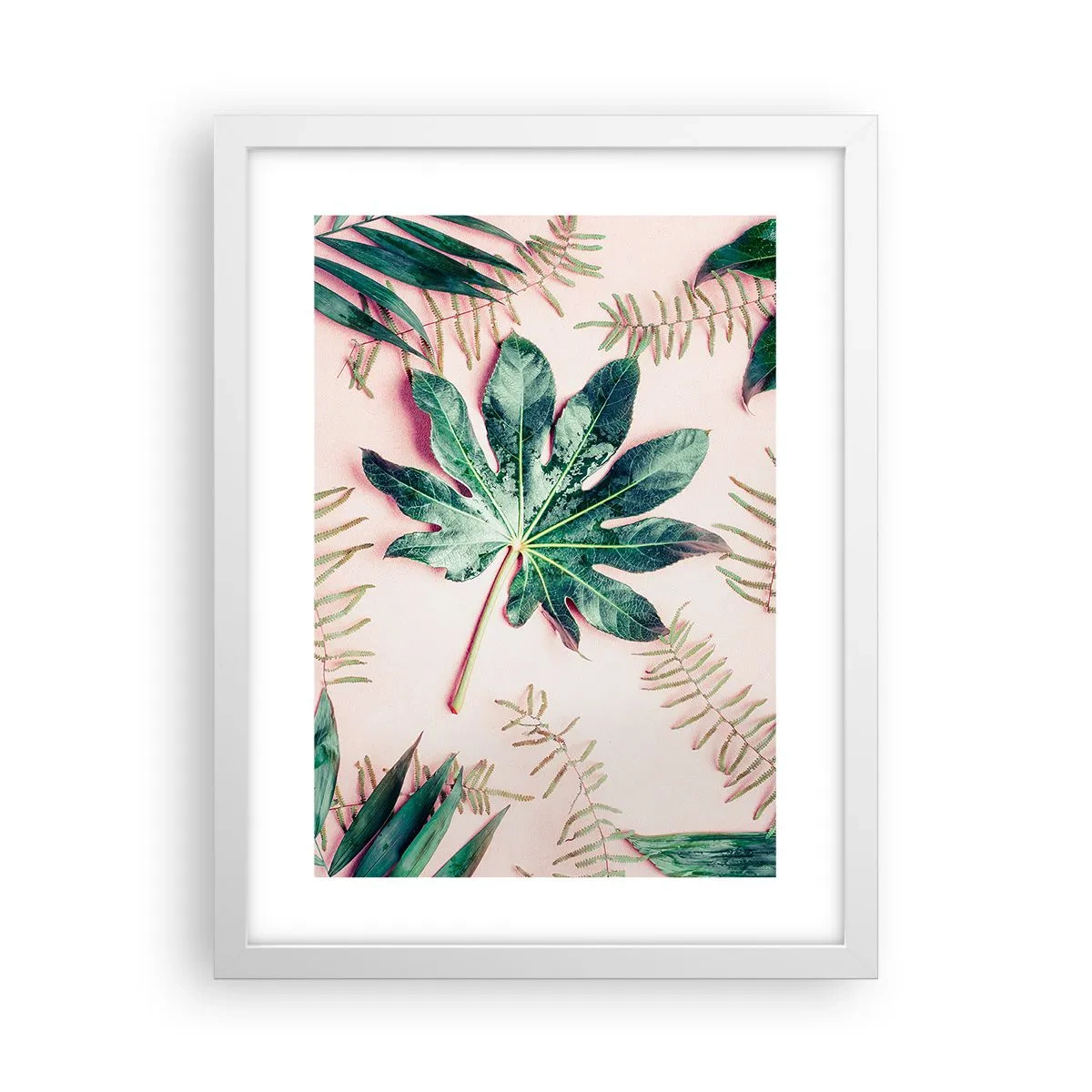 Poster in een witte lijst - Een studie van groen op een roze achtergrond - 30x40 cm