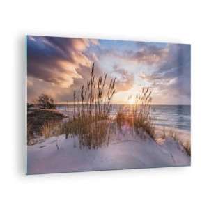 Schilderen op glas - Zonsondergang boven de zee gezien door het gras aan de kust - 70x50cm - Afscheid van de zon en de wind - Moderne wanddecoratie voor woonkamer en slaapkamer ARTTOR
