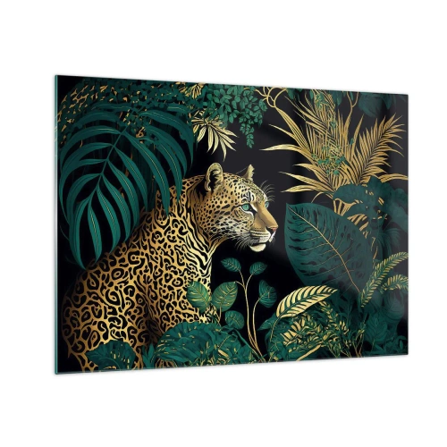 Schilderen op glas - Een luipaard tussen tropische bladeren op een donkere achtergrond - 70x50cm - Een gastheer in de jungle - Moderne wanddecoratie voor woonkamer en slaapkamer ARTTOR