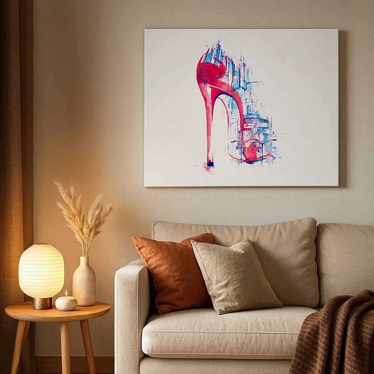 Schilderen op canvas - Abstracte rode stilettohak met stedelijke details - 70x50cm - Een elegante vrouw uit de grote stad - Moderne wanddecoratie voor woonkamer en slaapkamer ARTTOR