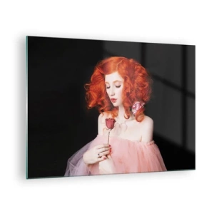 Schilderen op glas - Portret van een vrouw met rood haar en een roos tegen een donkere achtergrond - 70x50cm - In barokstijl - Moderne wanddecoratie voor woonkamer en slaapkamer ARTTOR