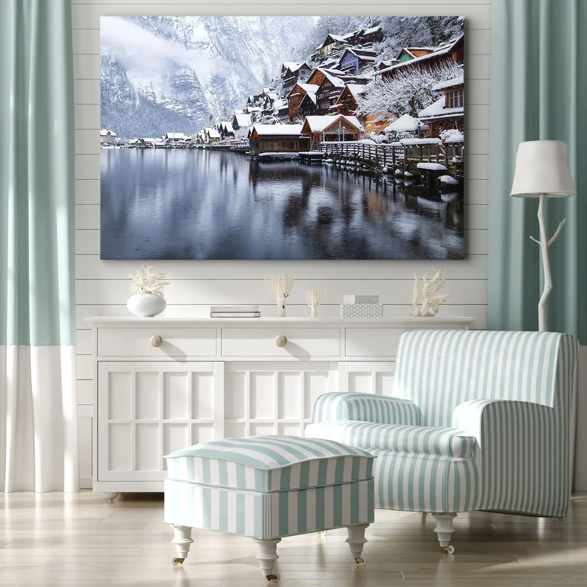 Schilderen op canvas - Wintergezicht van een bergdorp aan het meer - 70x50cm - In winterdecoratie - Moderne wanddecoratie voor woonkamer en slaapkamer ARTTOR