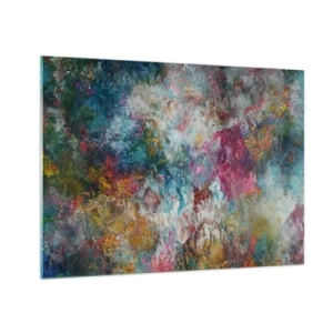 Schilderen op glas - Een abstracte compositie van kleurrijke bloemen in intense kleuren. - 70x50cm - Volledig in bloei - Moderne wanddecoratie voor woonkamer en slaapkamer ARTTOR