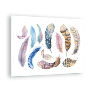 Schilderen op glas - Kleurrijke veren in een artistieke stijl op een witte achtergrond - 70x50cm - Licht, bont en veelkleurig - Moderne wanddecoratie voor woonkamer en slaapkamer ARTTOR