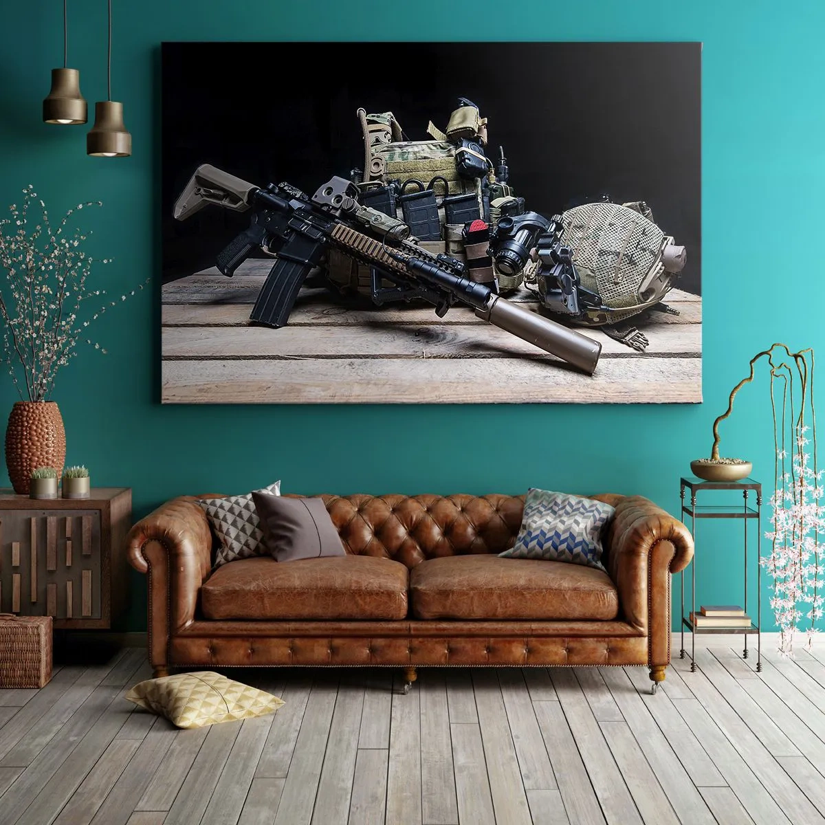 Schilderen op canvas - Tactische uitrusting met een geweer op een houten tafel - 70x50cm - Rust uit! - Moderne wanddecoratie voor woonkamer en slaapkamer ARTTOR