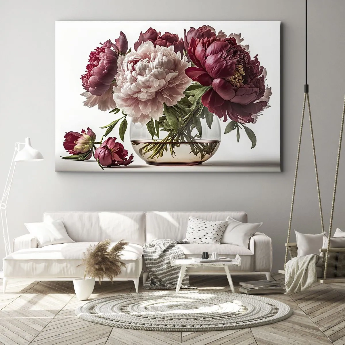 Schilderen op canvas - Een boeket pioenrozen in tinten roze en rood - 70x50cm - In volle bloei van schoonheid - Moderne wanddecoratie voor woonkamer en slaapkamer ARTTOR