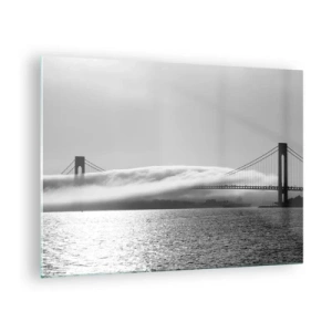 Schilderen op glas - Een brug in zwart-wit met mist over het water - 70x50cm - Vaar door de Golden Gates - Moderne wanddecoratie voor woonkamer en slaapkamer ARTTOR